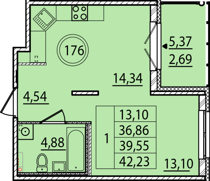 1-комнатная квартира, 36.86 м² в ЖК "Образцовый квартал 15" - планировка, фото №1