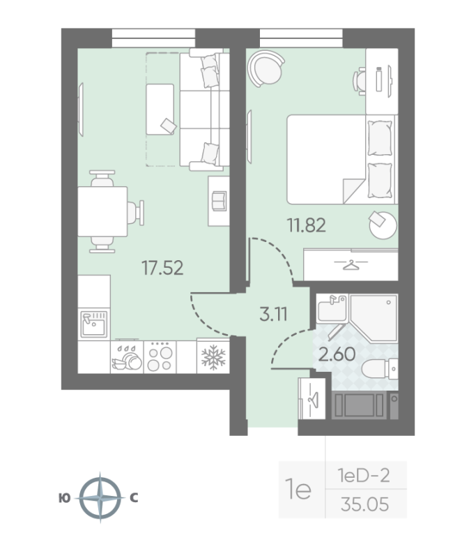 1-комнатная квартира, 35.05 м² в ЖК "Морская миля" - планировка, фото №1