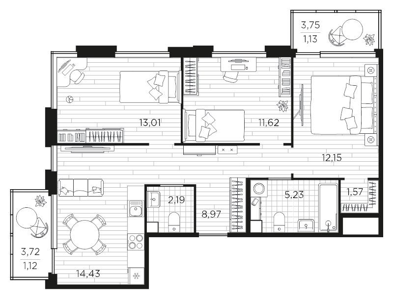 3-комнатная квартира, 71.41 м² в ЖК "PLUS Пулковский" - планировка, фото №1