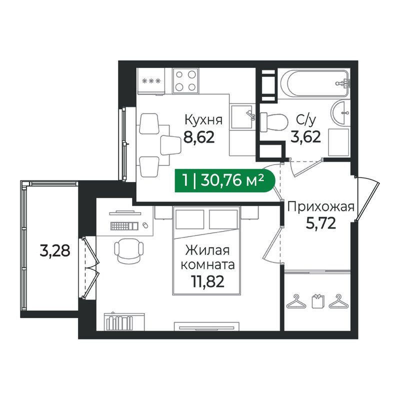 1-комнатная квартира, 30.76 м² в ЖК "Сертолово Парк" - планировка, фото №1