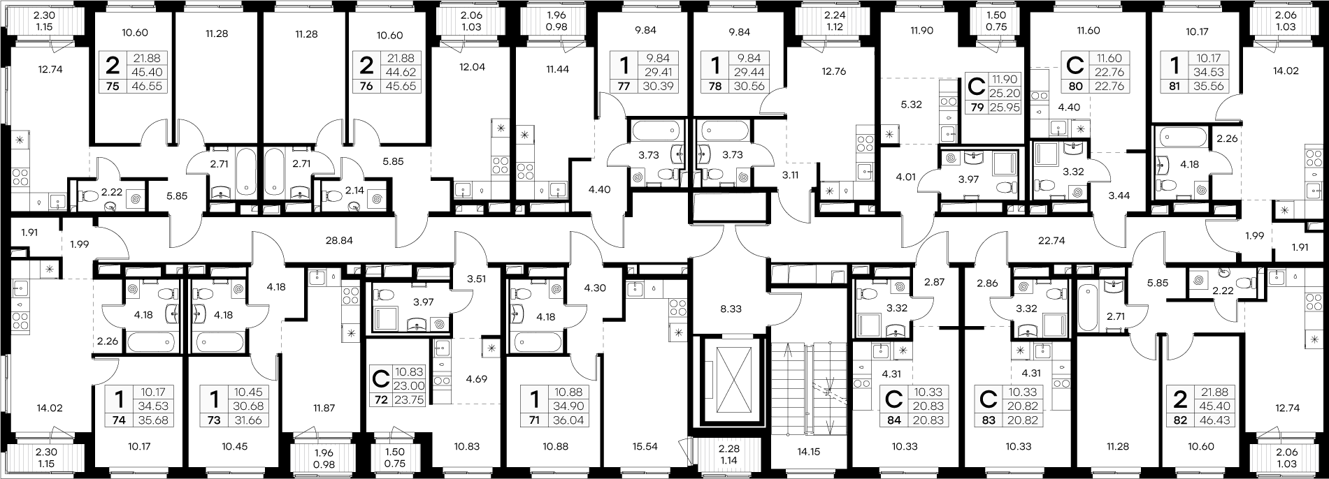 2-комнатная квартира, 45.65 м² - планировка этажа