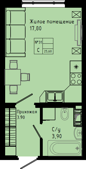 Квартира-студия, 25.6 м² в ЖК "Pixel" - планировка, фото №1