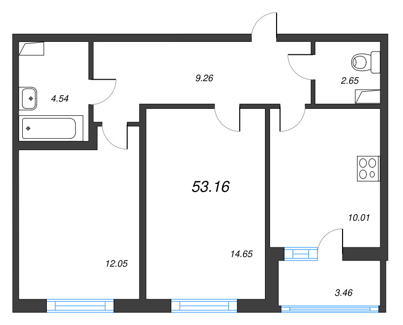 2-комнатная квартира, 53.16 м² в ЖК "Ясно.Янино" - планировка, фото №1