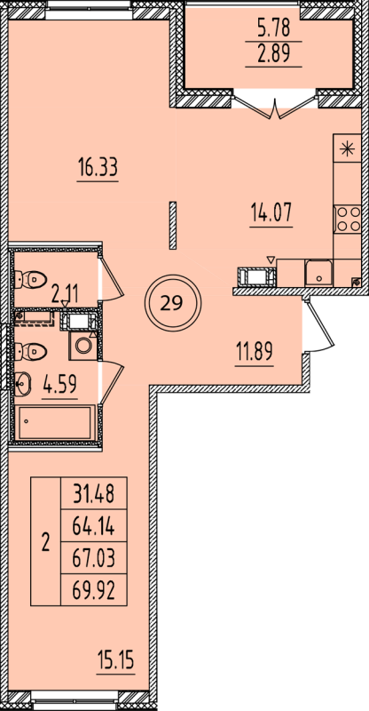 2-комнатная квартира, 64.14 м² - планировка, фото №1