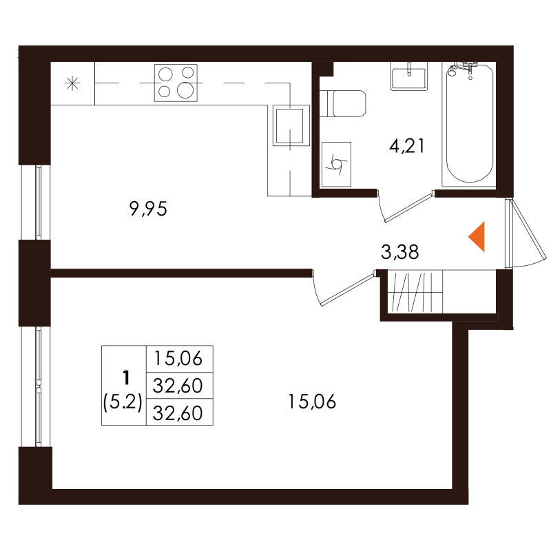 1-комнатная квартира, 32.6 м² - планировка, фото №1