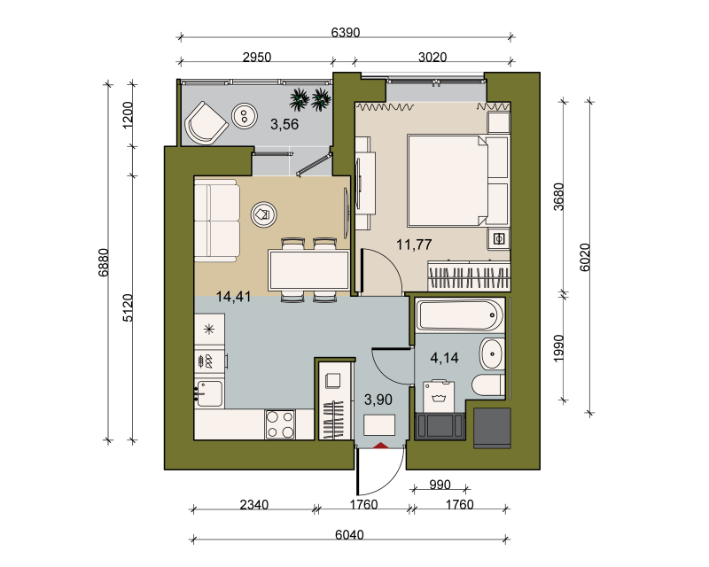 1-комнатная квартира, 35.13 м² в ЖК "Уютный" - планировка, фото №1