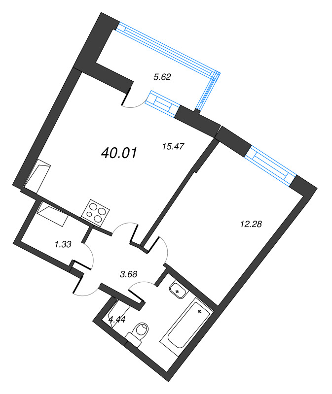 2-комнатная (Евро) квартира, 40.01 м² в ЖК "Дом Левитан" - планировка, фото №1