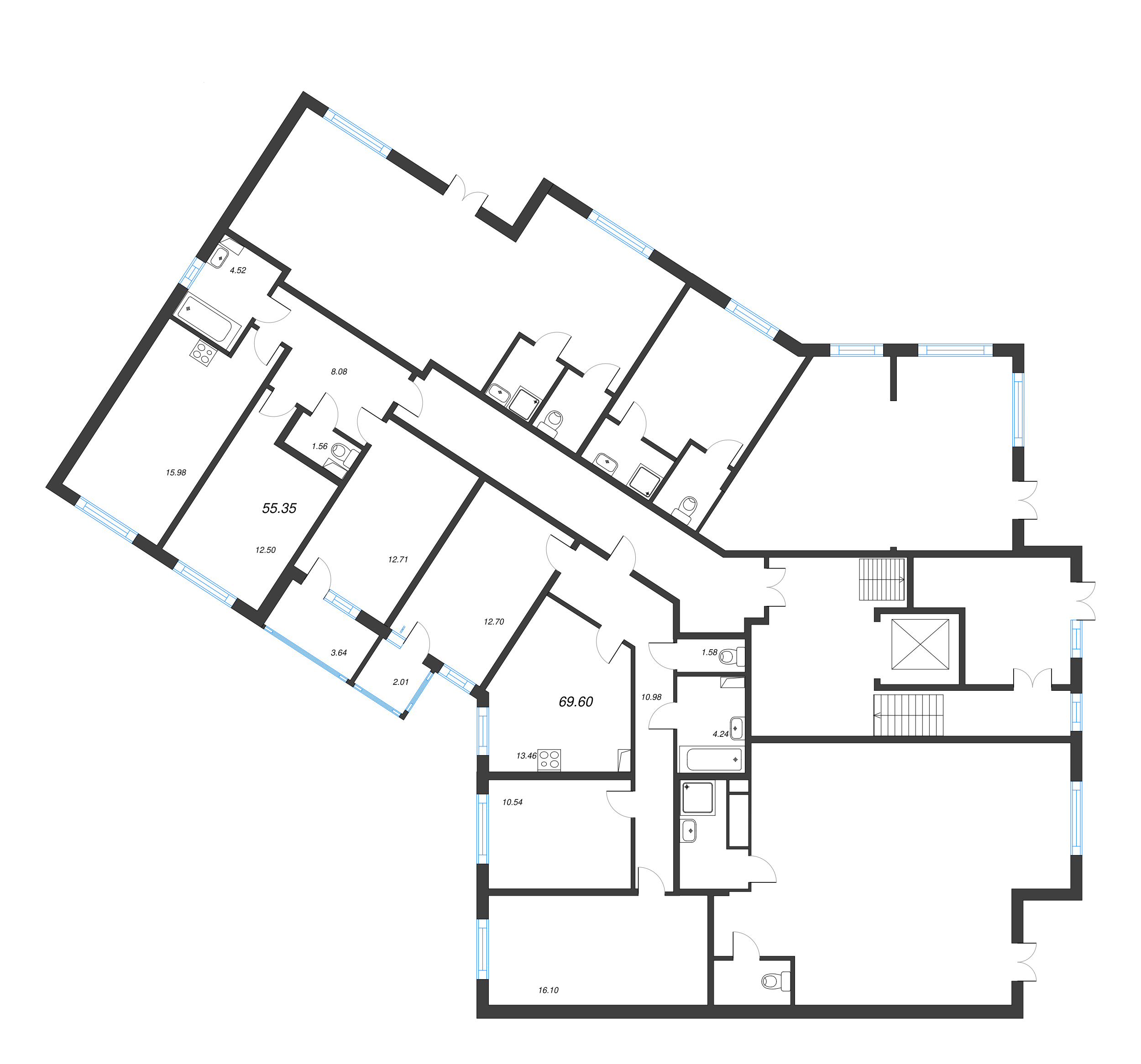 3-комнатная (Евро) квартира, 55.35 м² - планировка этажа