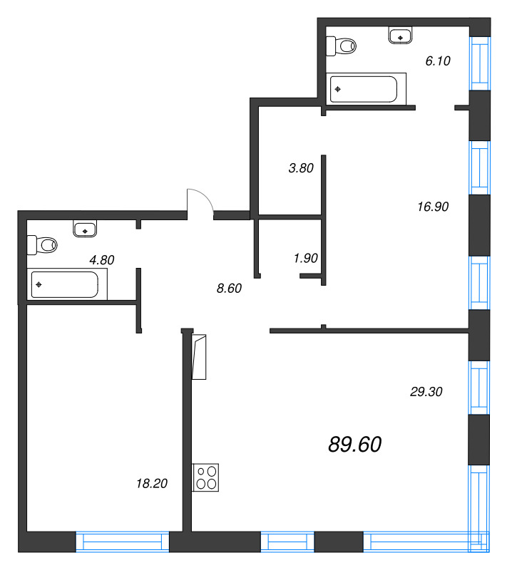 3-комнатная (Евро) квартира, 89.6 м² - планировка, фото №1