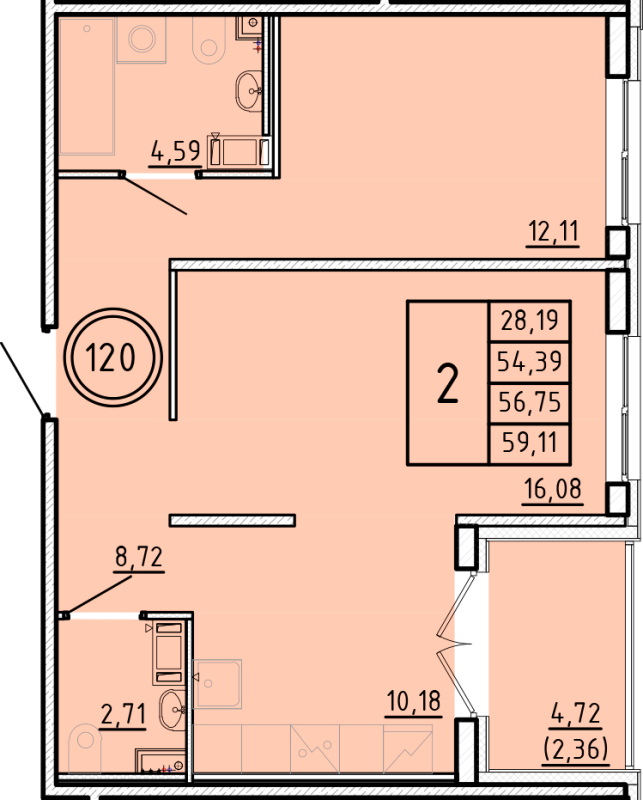 2-комнатная квартира, 54.39 м² в ЖК "Образцовый квартал 16" - планировка, фото №1
