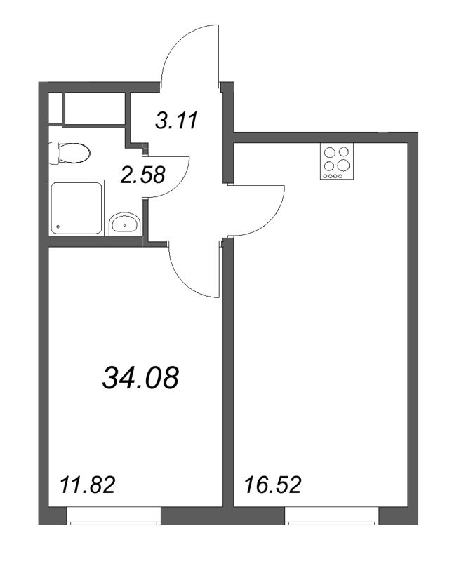 2-комнатная (Евро) квартира, 34.08 м² в ЖК "Морская миля" - планировка, фото №1