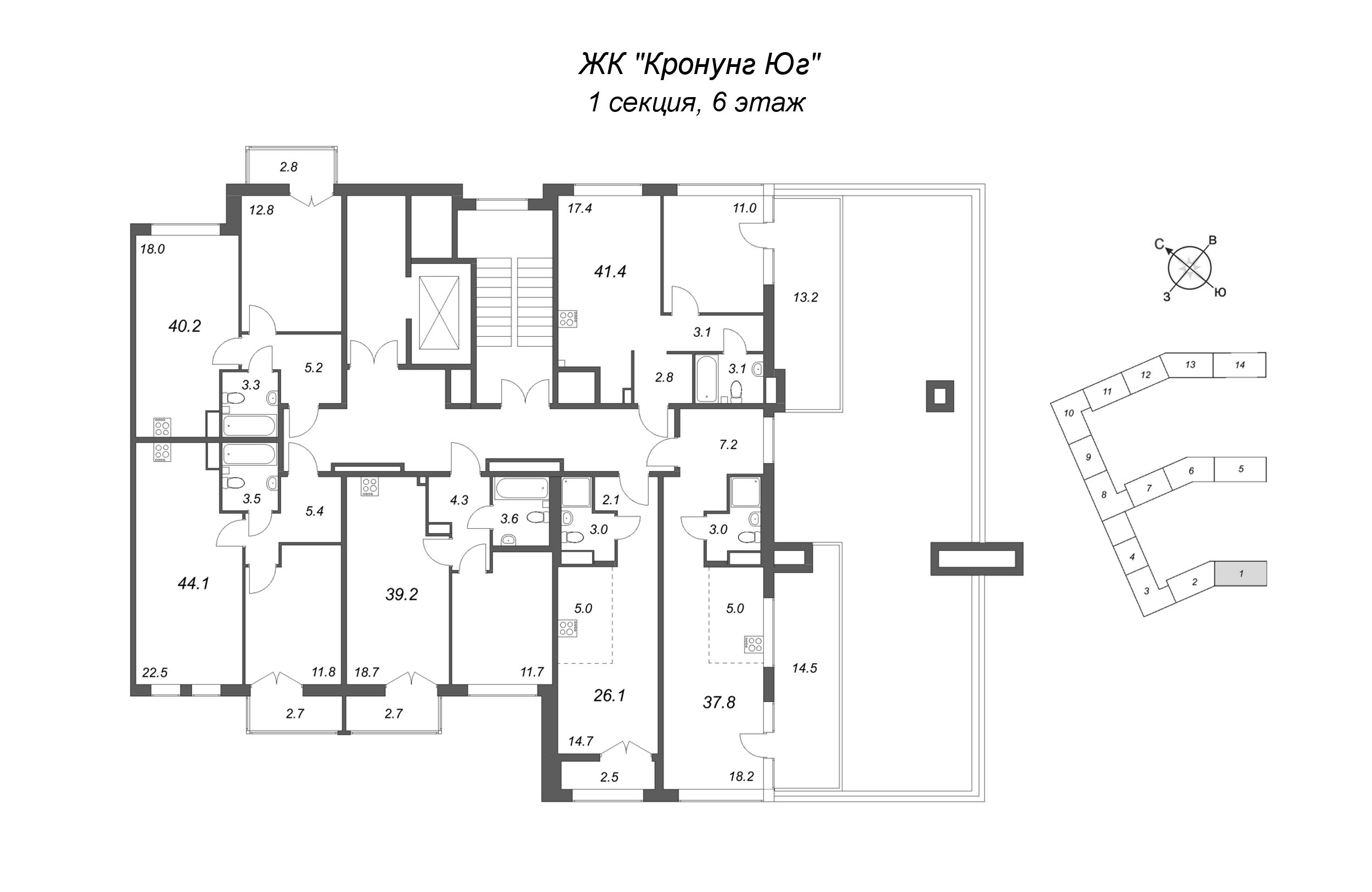 Квартира-студия, 26.1 м² в ЖК "Кронунг ЮГ" - планировка этажа
