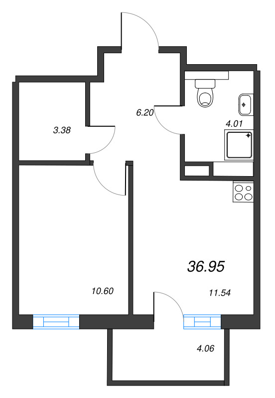 1-комнатная квартира, 36.95 м² в ЖК "Рощино Residence" - планировка, фото №1