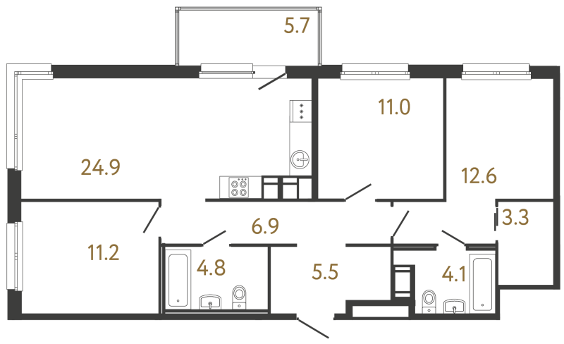 5-комнатная (Евро) квартира, 84.3 м² в ЖК "Передвижники" - планировка, фото №1