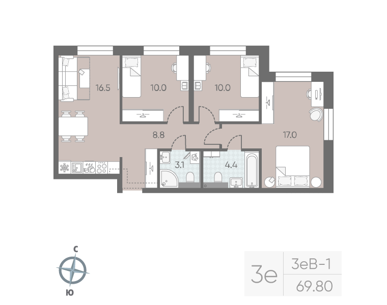 4-комнатная (Евро) квартира, 69.8 м² в ЖК "Большая Охта" - планировка, фото №1