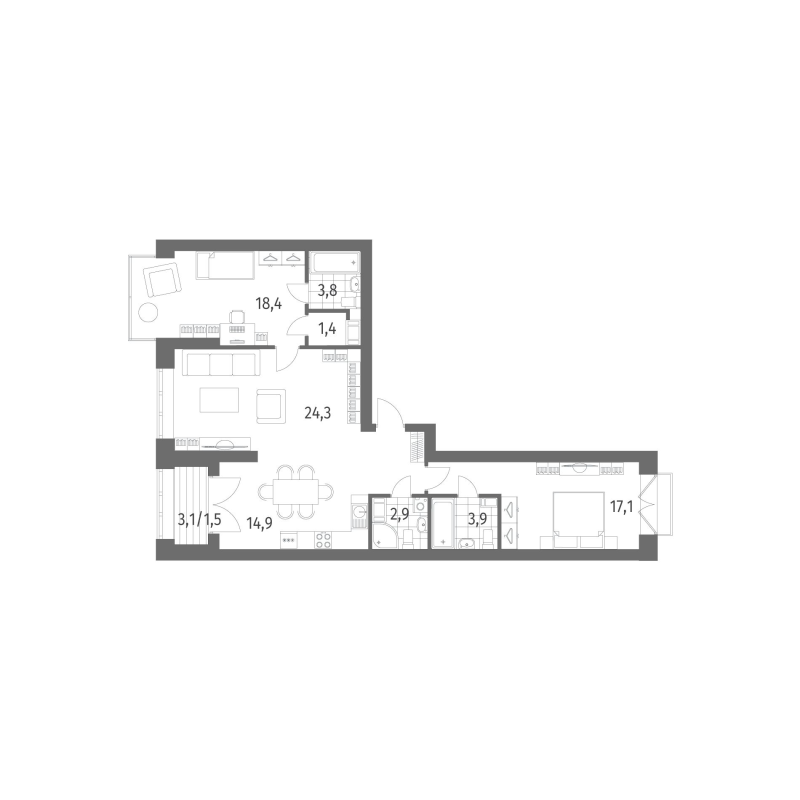 3-комнатная квартира, 92.4 м² - планировка, фото №1