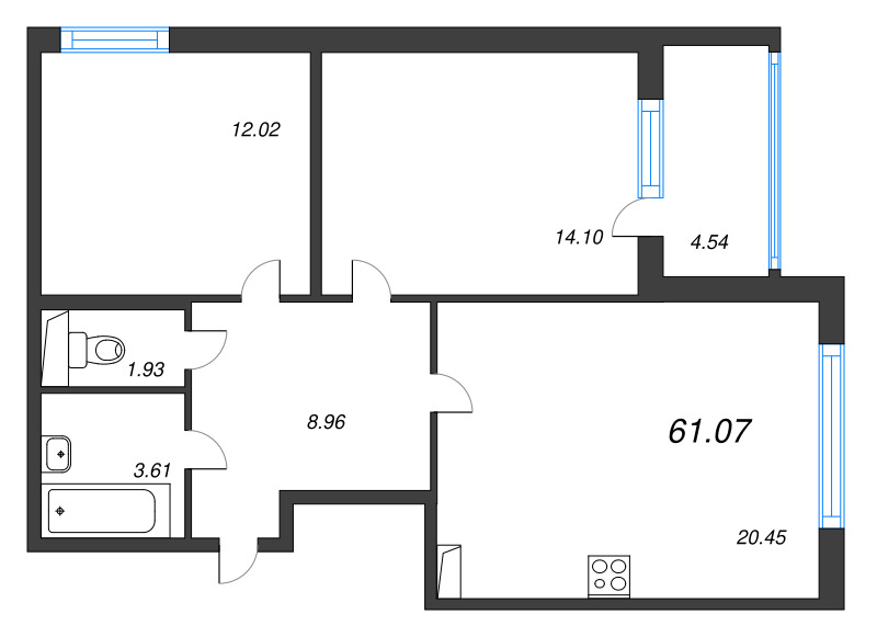 3-комнатная (Евро) квартира, 61.07 м² в ЖК "ЮгТаун" - планировка, фото №1