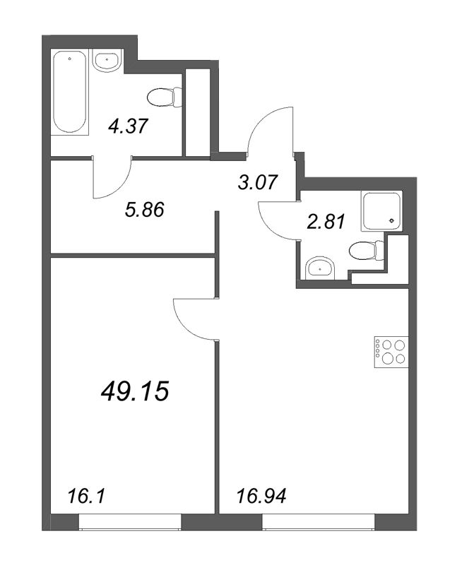2-комнатная (Евро) квартира, 49.15 м² - планировка, фото №1