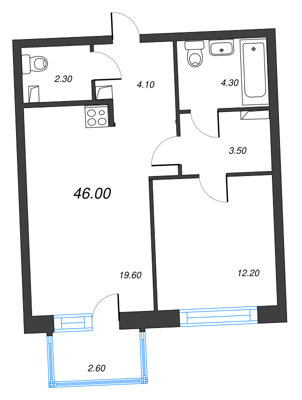 2-комнатная (Евро) квартира, 46 м² в ЖК "Цвет Зеленогорска" - планировка, фото №1