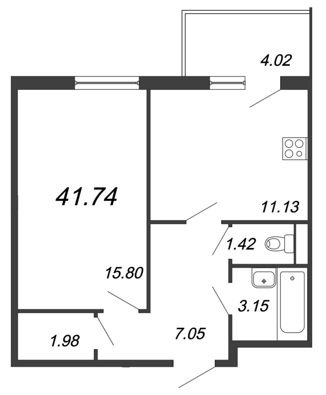 1-комнатная квартира, 44.55 м² в ЖК "Юттери" - планировка, фото №1