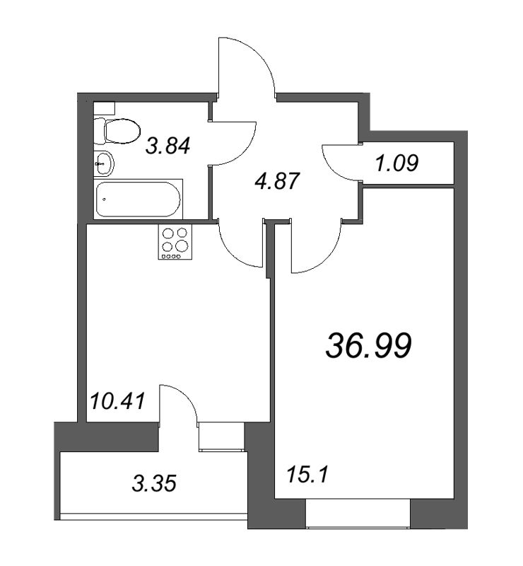 1-комнатная квартира, 36.76 м² - планировка, фото №1