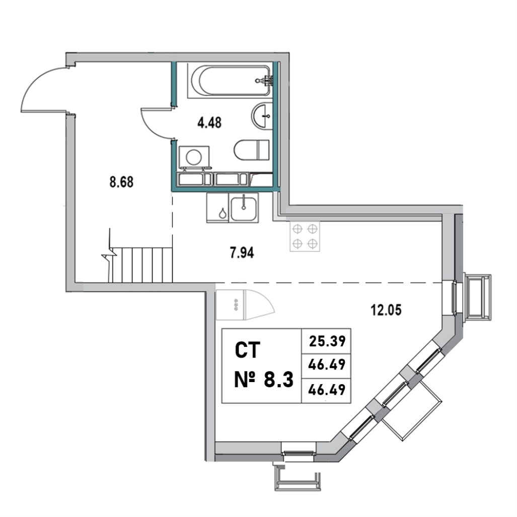 Квартира-студия, 46.49 м² в ЖК "Новый Город" - планировка, фото №1