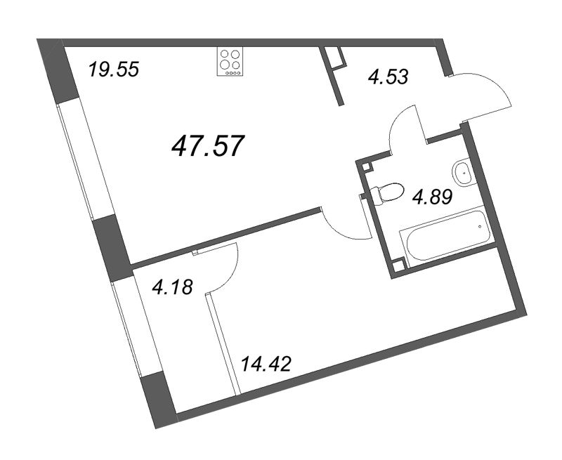 2-комнатная (Евро) квартира, 47.57 м² - планировка, фото №1