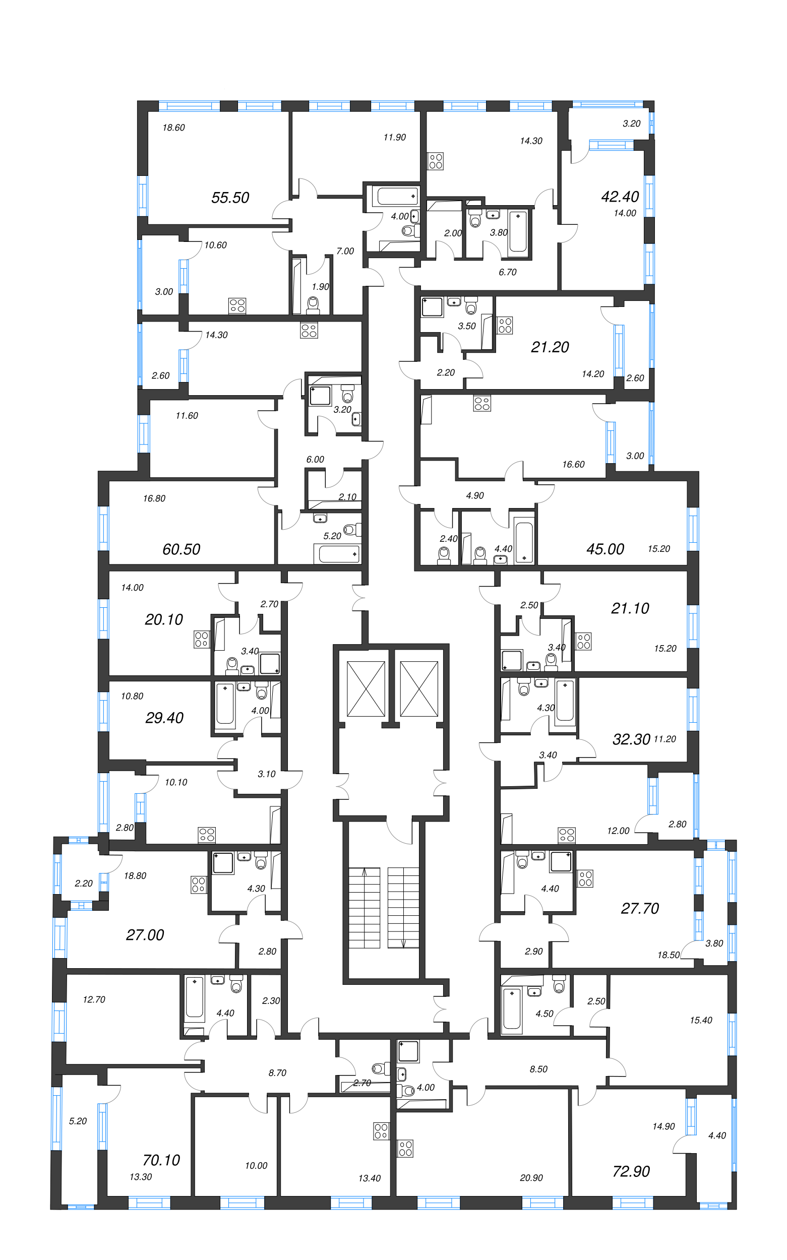 2-комнатная (Евро) квартира, 45 м² - планировка этажа