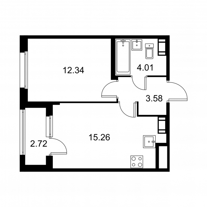 2-комнатная (Евро) квартира, 36.55 м² в ЖК "Квартал Заречье" - планировка, фото №1