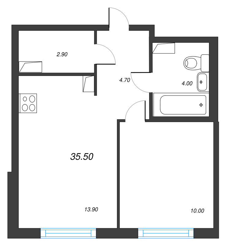 1-комнатная квартира, 35.5 м² в ЖК "Струны" - планировка, фото №1