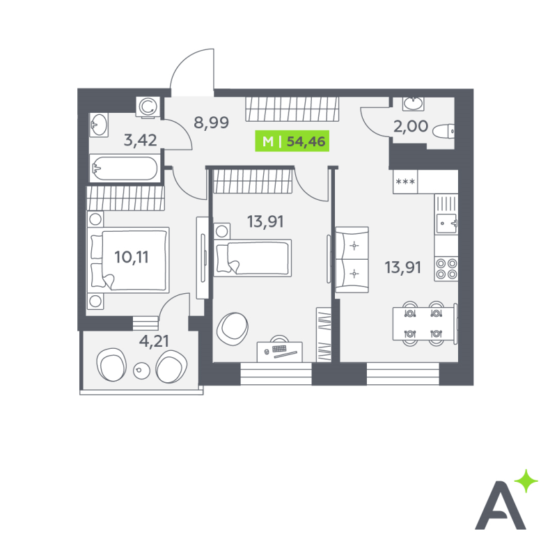 2-комнатная квартира, 54.46 м² в ЖК "Аквилон Verba" - планировка, фото №1