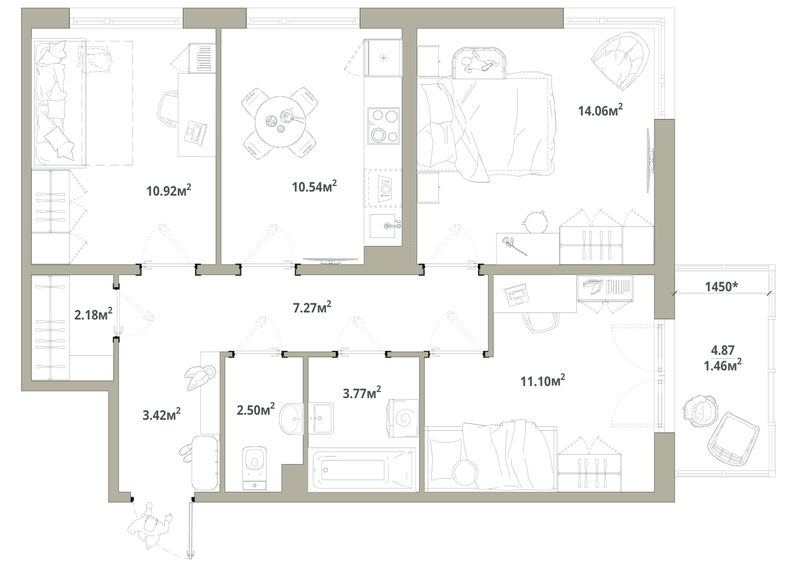 3-комнатная квартира, 67.22 м² в ЖК "Тишин" - планировка, фото №1