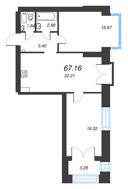 2-комнатная квартира, 67.16 м² - планировка, фото №1