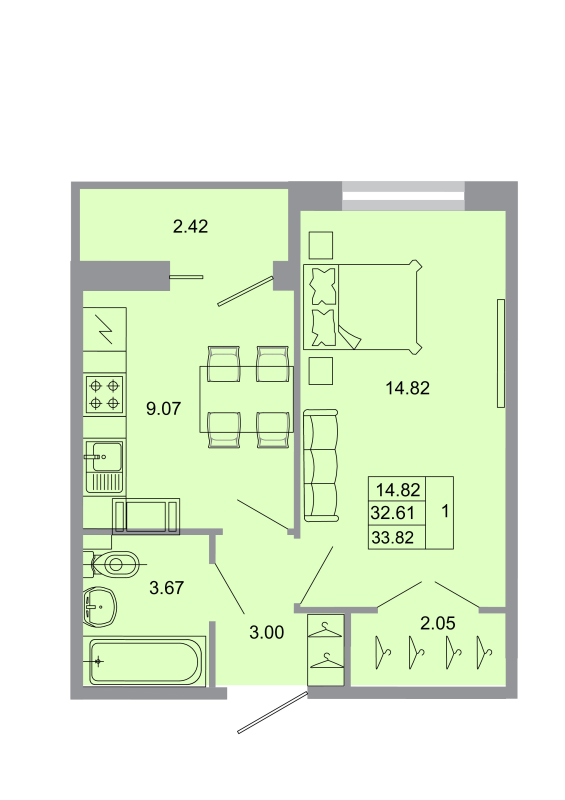 1-комнатная квартира, 32.7 м² - планировка, фото №1