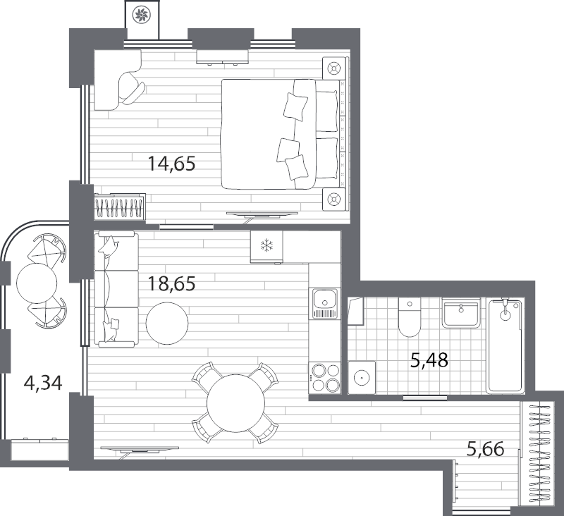 2-комнатная (Евро) квартира, 45.7 м² в ЖК "Респект" - планировка, фото №1