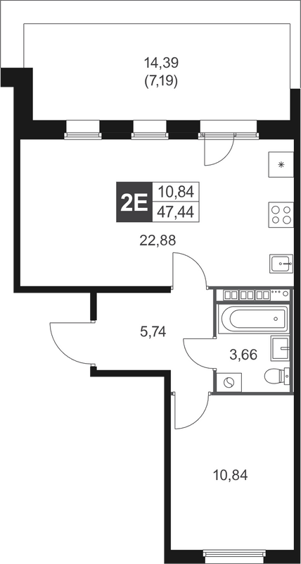 2-комнатная (Евро) квартира, 47.44 м² в ЖК "Слобода" - планировка, фото №1