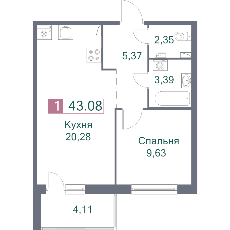 2-комнатная (Евро) квартира, 43.08 м² в ЖК "Фотограф" - планировка, фото №1