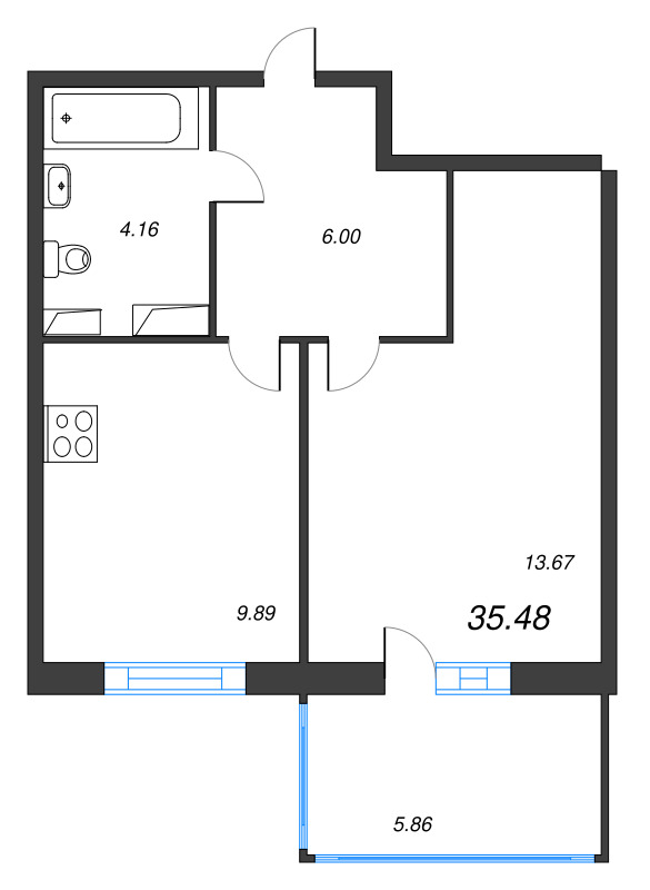 1-комнатная квартира, 35.48 м² - планировка, фото №1