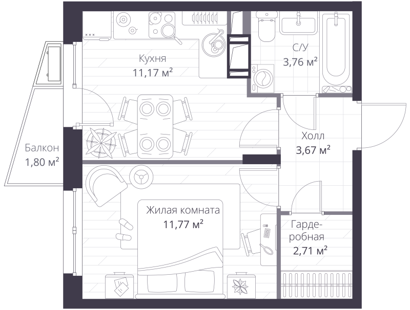 1-комнатная квартира, 33.62 м² в ЖК "VEREN NORT сертолово" - планировка, фото №1