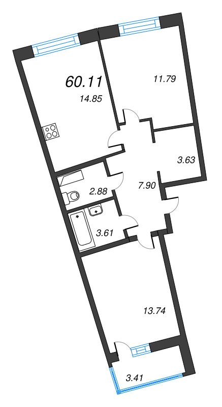 3-комнатная (Евро) квартира, 60.11 м² в ЖК "Дом Левитан" - планировка, фото №1