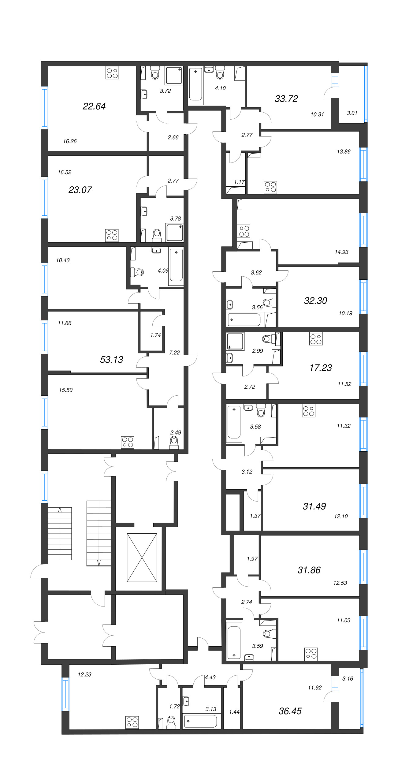 2-комнатная (Евро) квартира, 36.45 м² - планировка этажа