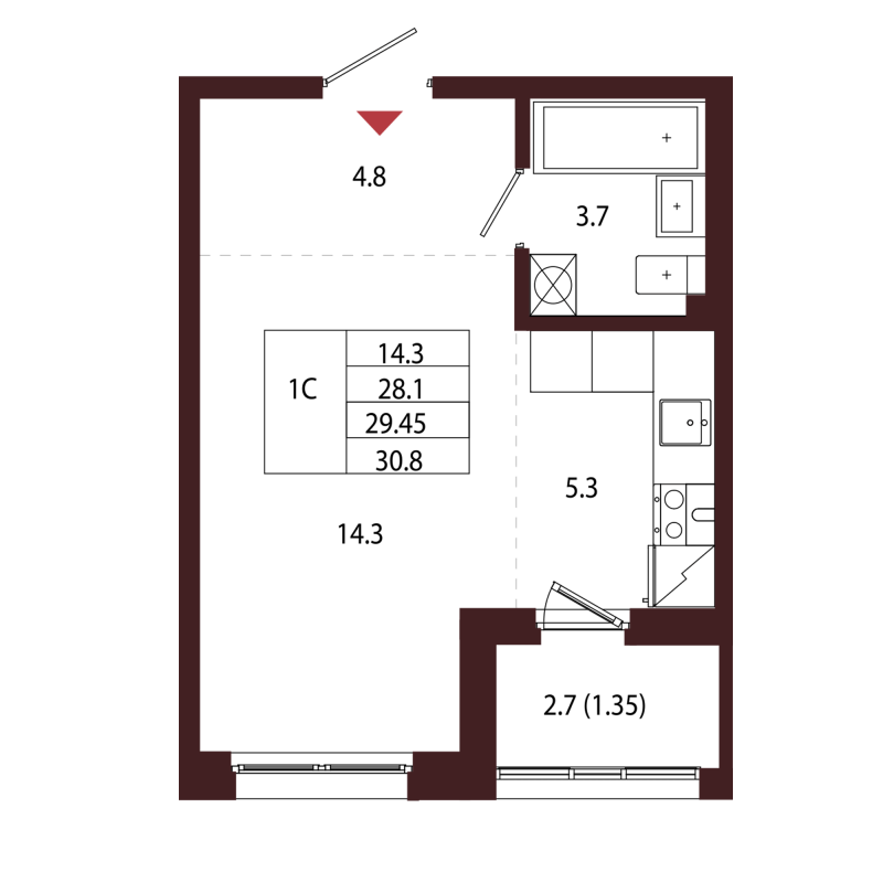 Квартира-студия, 29.45 м² в ЖК "Лисино" - планировка, фото №1