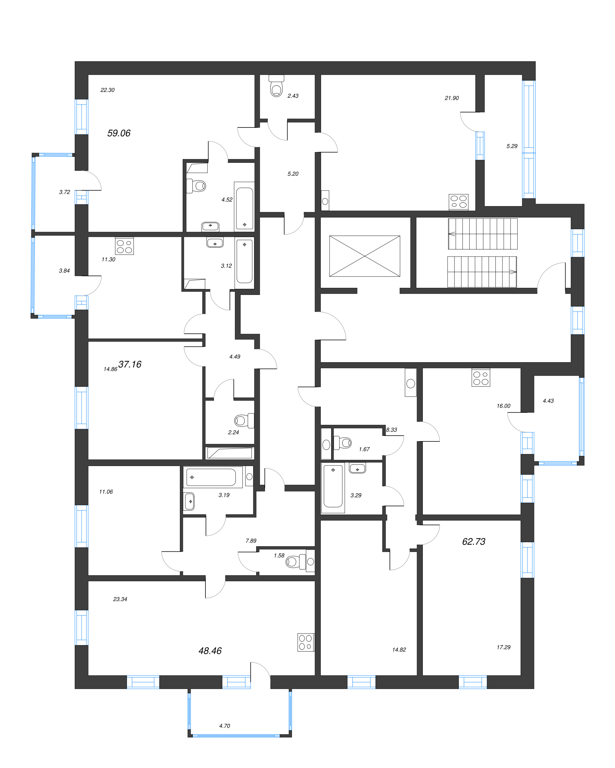 2-комнатная квартира, 60.9 м² - планировка этажа