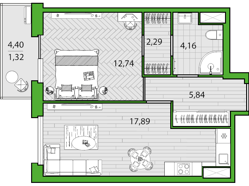 2-комнатная (Евро) квартира, 43.4 м² - планировка, фото №1