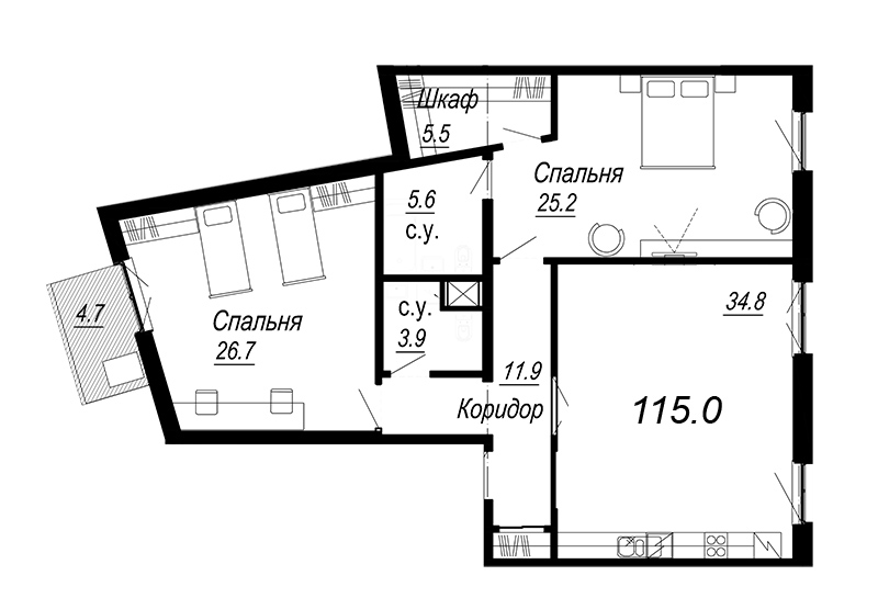 2-комнатная квартира, 118.12 м² - планировка, фото №1