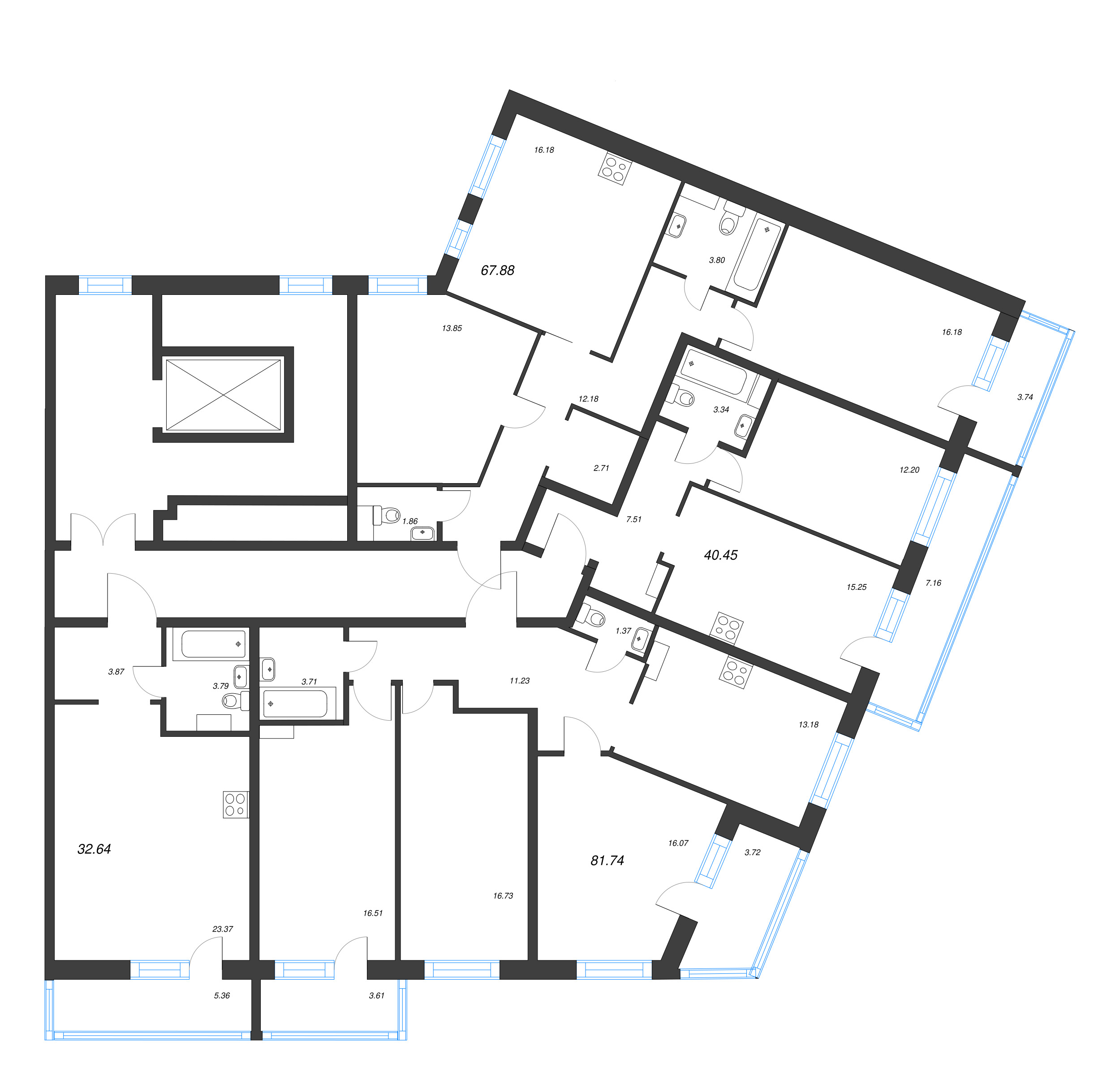 3-комнатная (Евро) квартира, 67.88 м² - планировка этажа