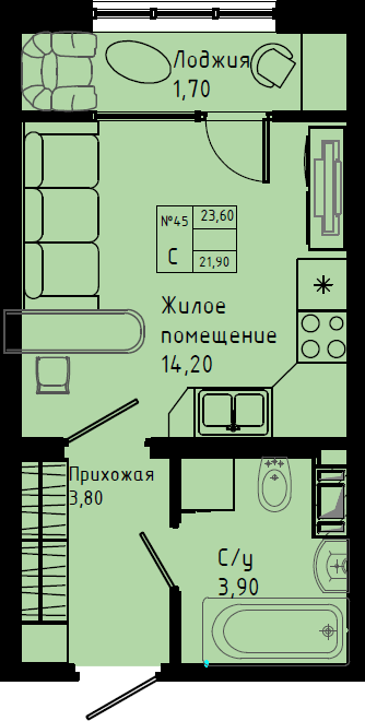 Квартира-студия, 23.6 м² в ЖК "Pixel" - планировка, фото №1