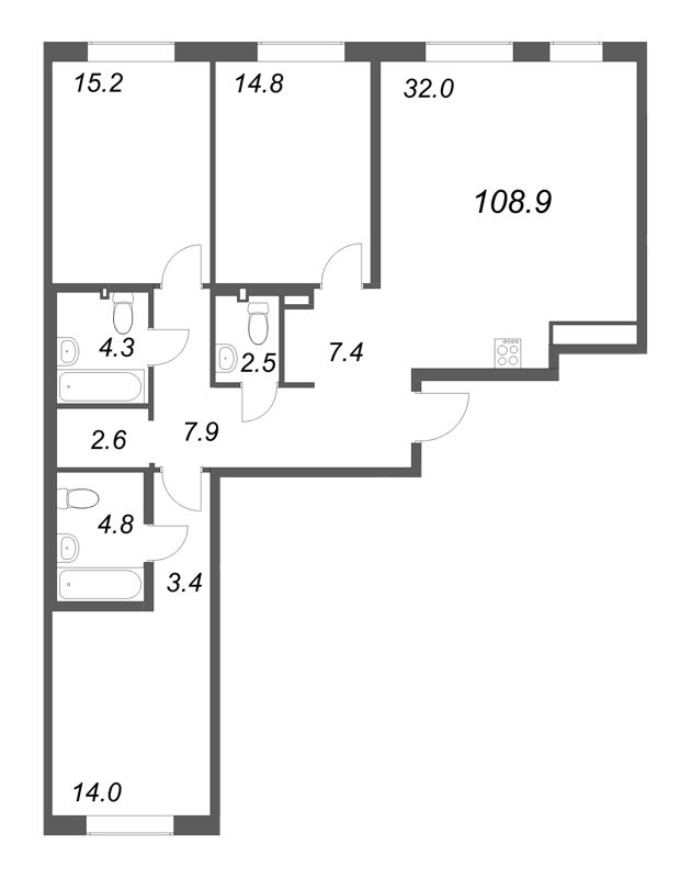 4-комнатная (Евро) квартира, 108.9 м² в ЖК "Визионер" - планировка, фото №1