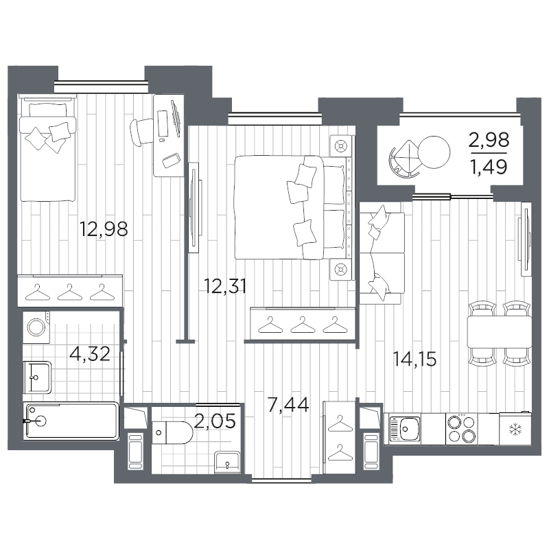 2-комнатная квартира, 54.74 м² в ЖК "Оптимист" - планировка, фото №1