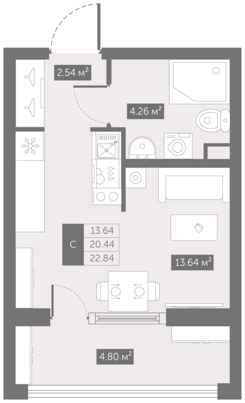 Квартира-студия, 22.84 м² в ЖК "UP-квартал Новый Московский" - планировка, фото №1